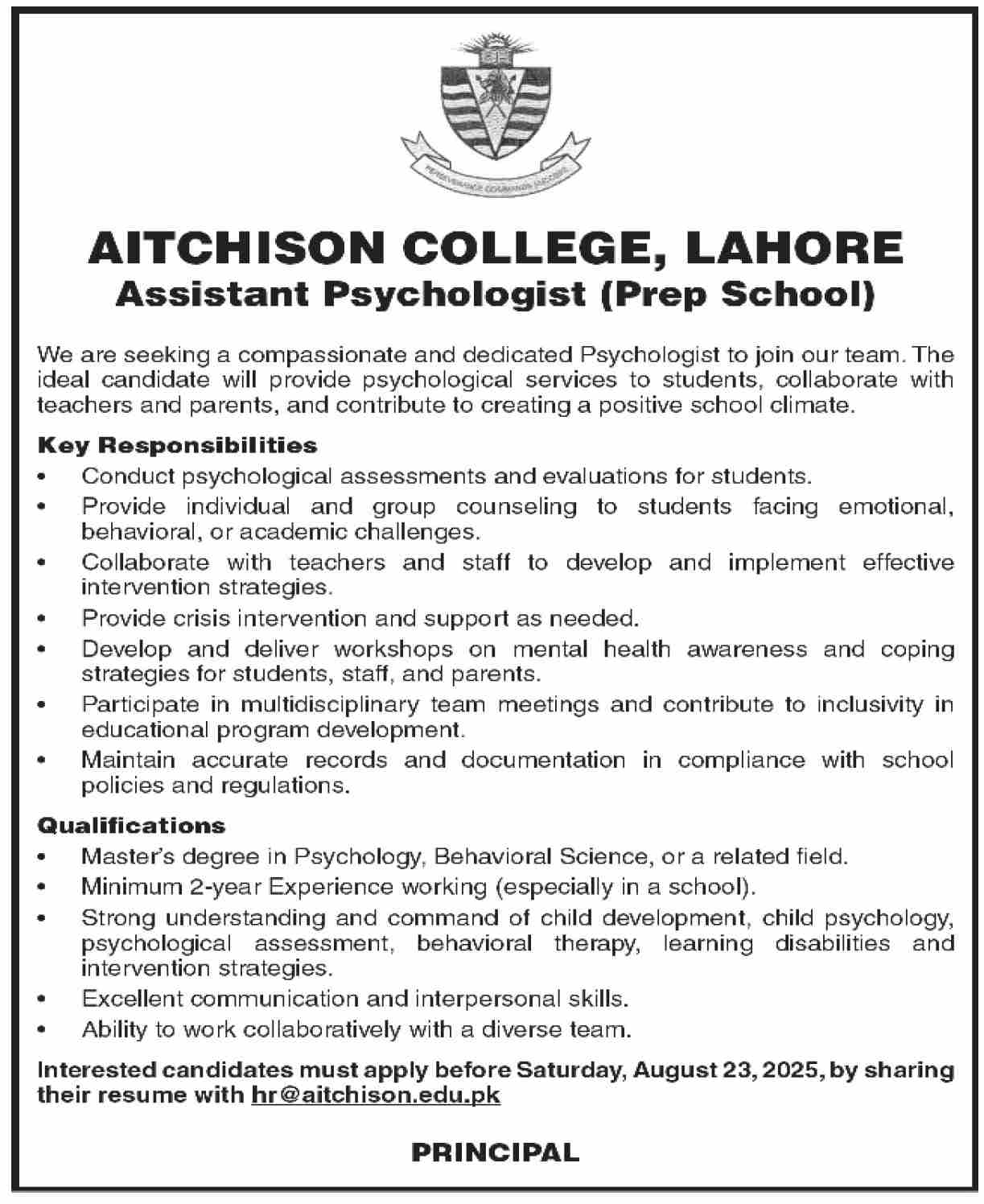 Jobs in Aitchison College Lahore